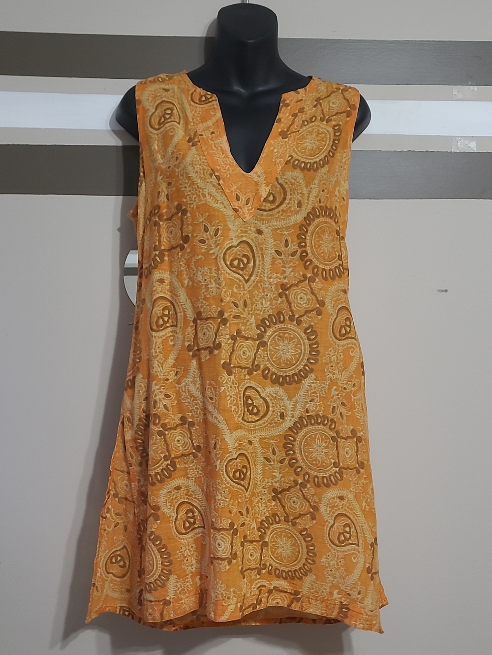 Vintage GURU Orange Paisley Boho Sleeveless Shift Dress Beach Cover-Up Sz Small